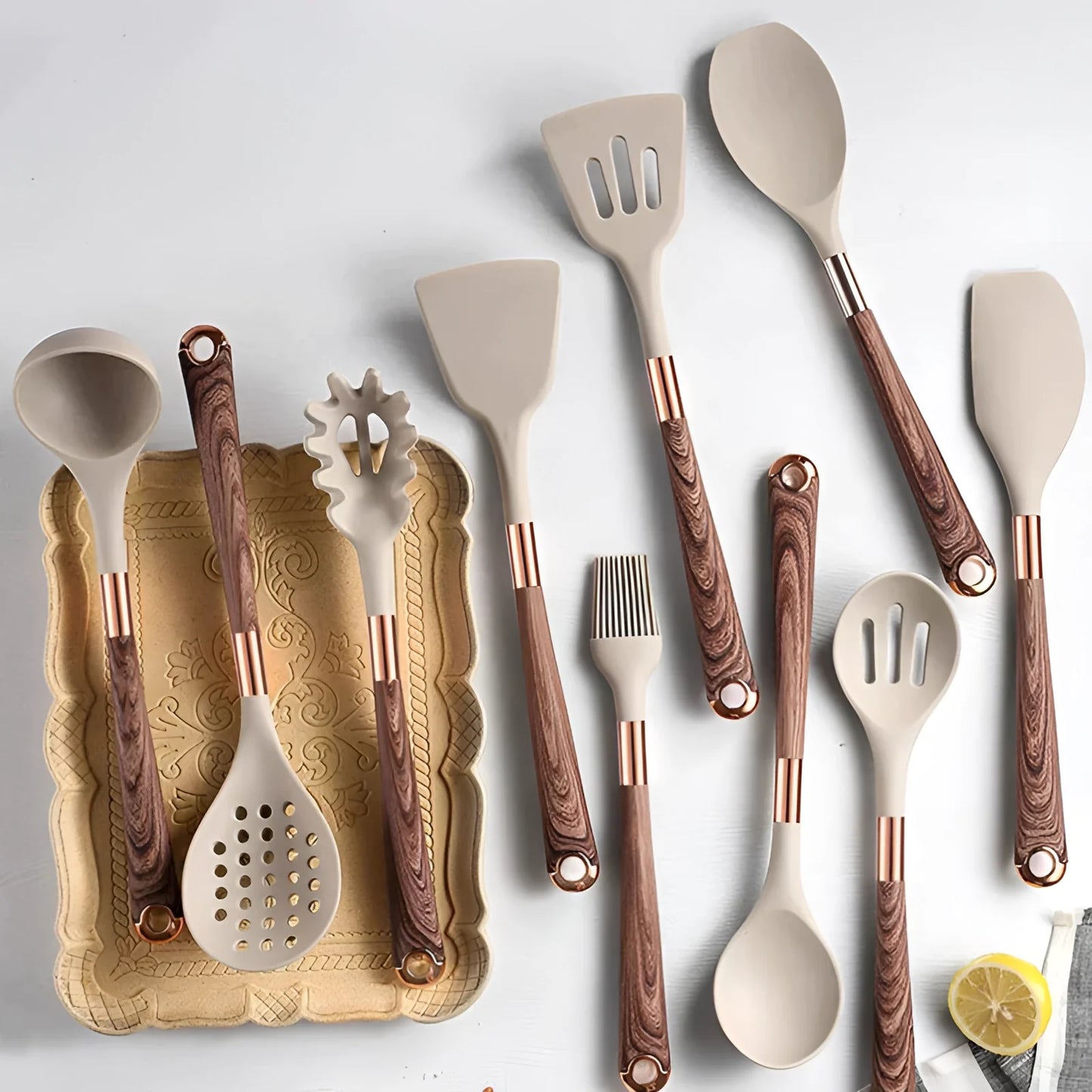 Silicone Kitchen Utensils Set with Wooden Handles and Copper Accents, 10-Piece