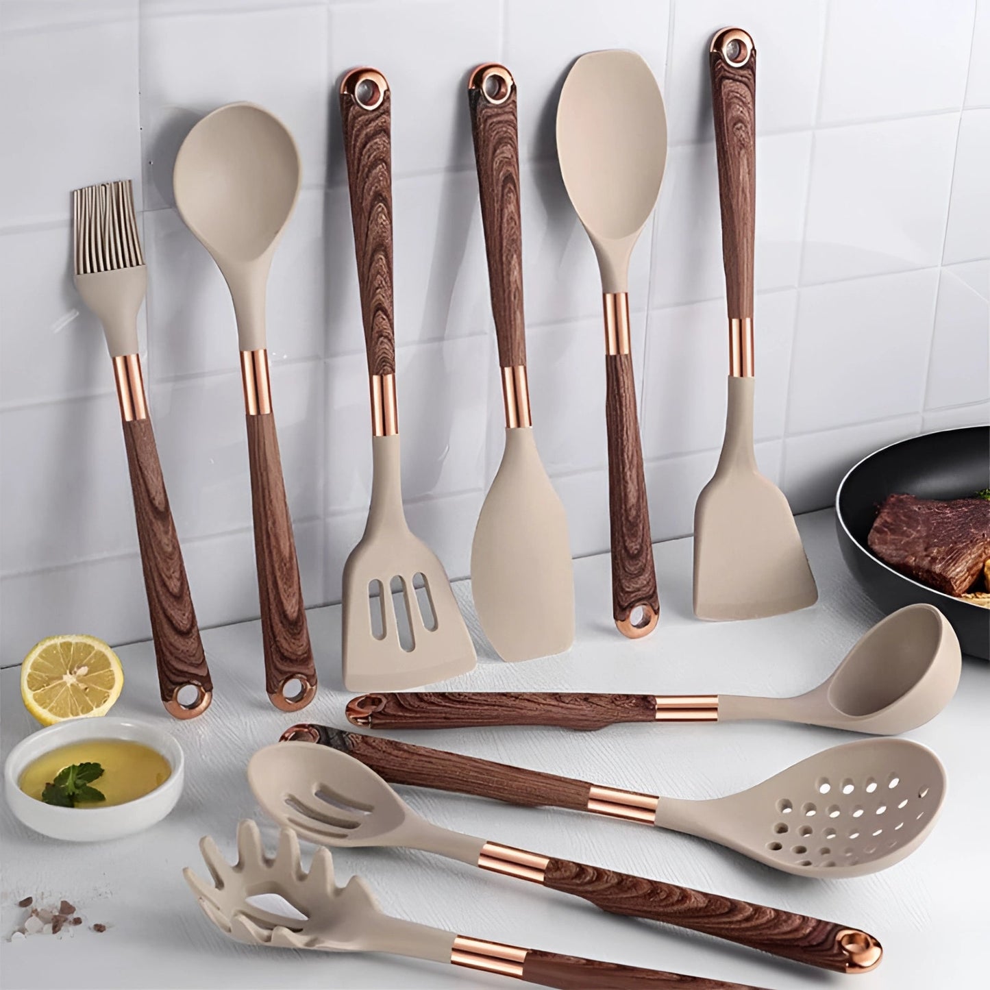 Silicone Kitchen Utensils Set with Wooden Handles and Copper Accents, 10-Piece