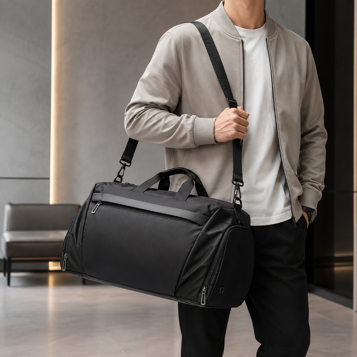 Gym Duffel Bag with Ventilated Shoe Compartment and Wet Dry Divider in Black or Gray
