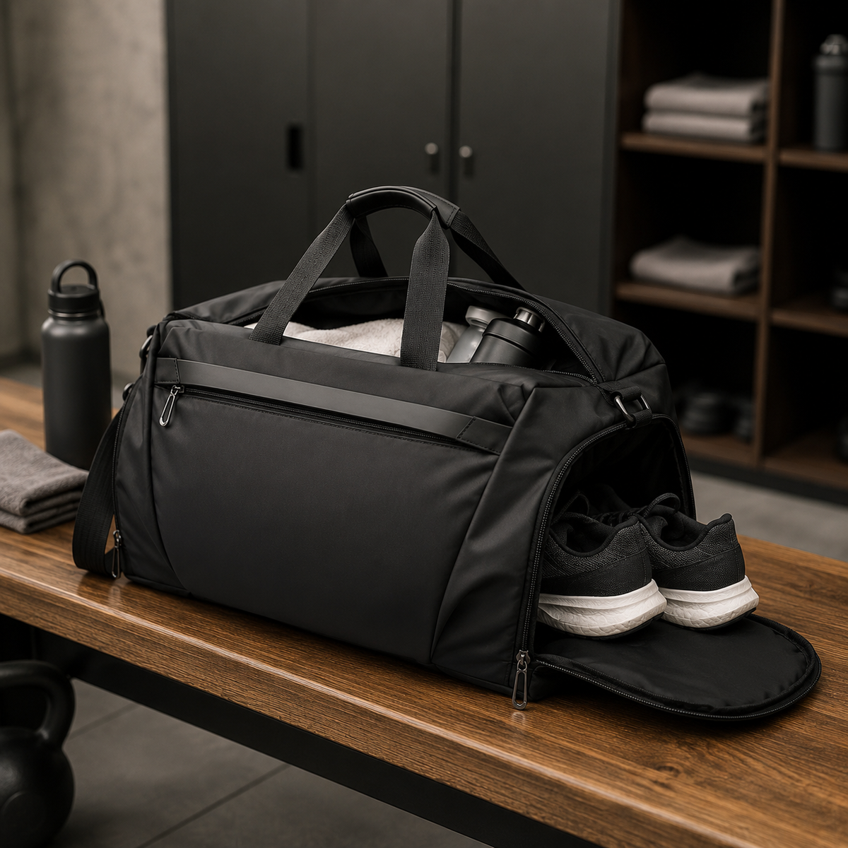 Gym Duffel Bag with Ventilated Shoe Compartment and Wet Dry Divider in Black or Gray
