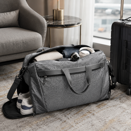 Gym Duffel Bag with Ventilated Shoe Compartment and Wet Dry Divider in Black or Gray