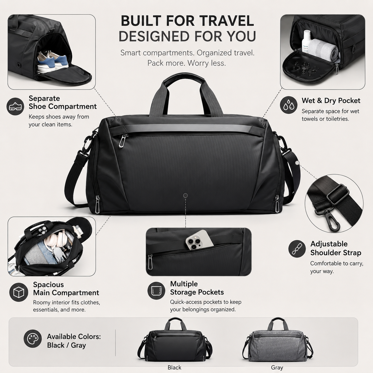Gym Duffel Bag with Ventilated Shoe Compartment and Wet Dry Divider in Black or Gray