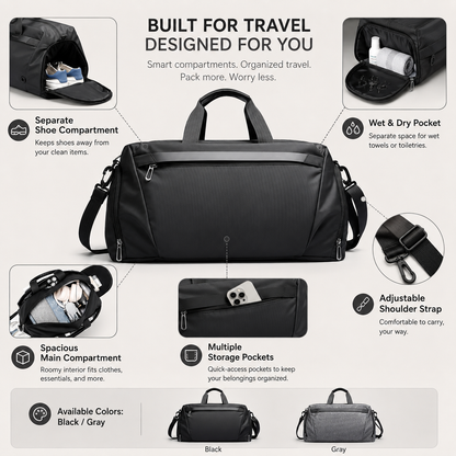 Gym Duffel Bag with Ventilated Shoe Compartment and Wet Dry Divider in Black or Gray