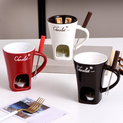 Ceramic Fondue Cup with Stainless Steel Fork and Wax Candle