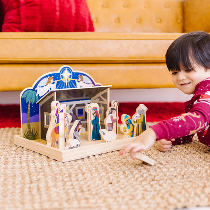 Wooden Nativity Set with a Four Piece Stable and 11 Wooden Figures for Tables and Shelves