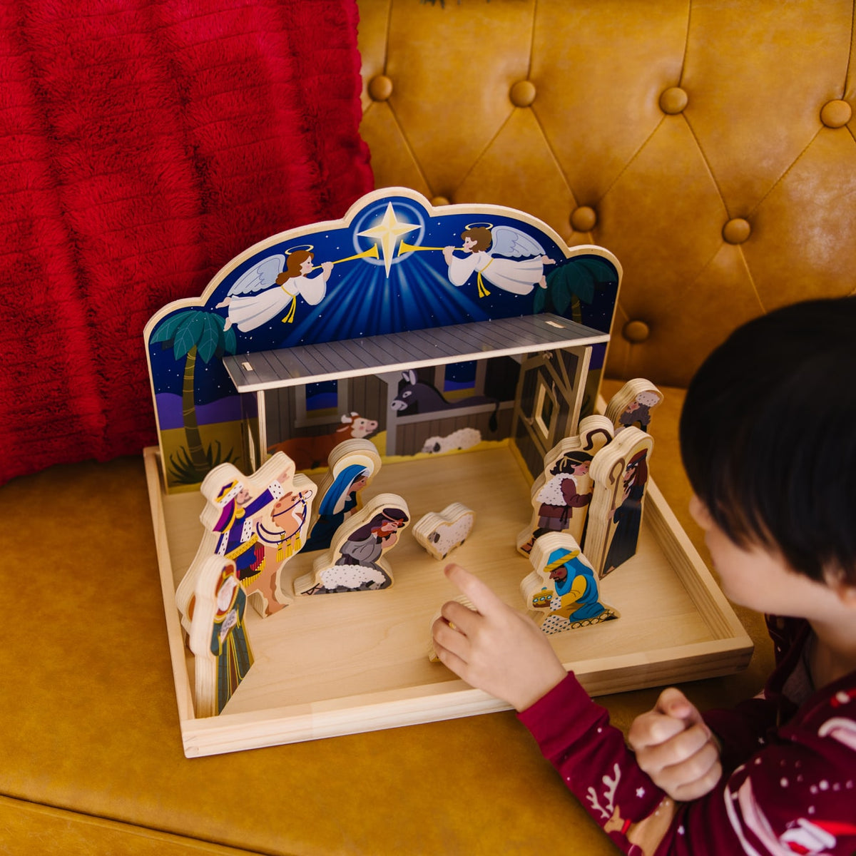 Wooden Nativity Set with a Four Piece Stable and 11 Wooden Figures for Tables and Shelves