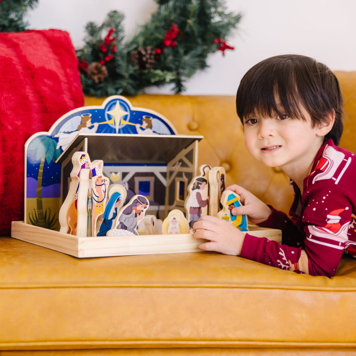 Wooden Nativity Set with a Four Piece Stable and 11 Wooden Figures for Tables and Shelves