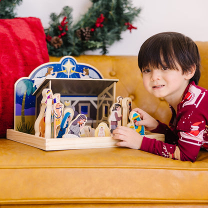 Wooden Nativity Set with a Four Piece Stable and 11 Wooden Figures for Tables and Shelves