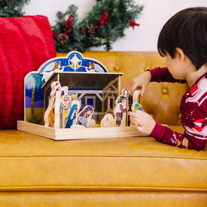 Wooden Nativity Set with a Four Piece Stable and 11 Wooden Figures for Tables and Shelves