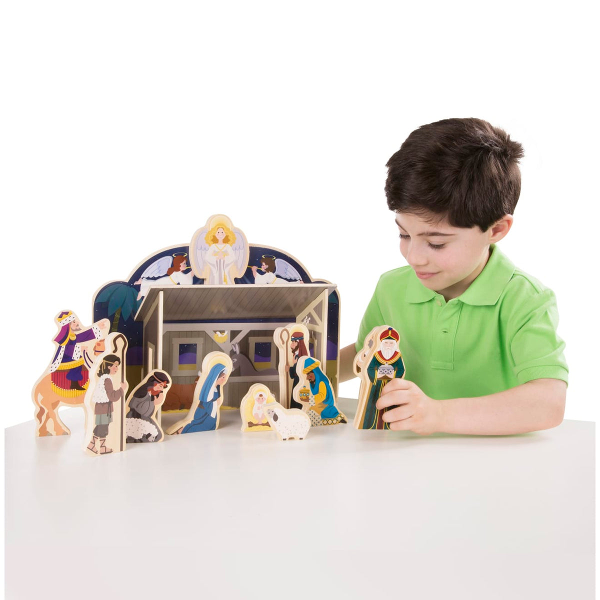 Wooden Nativity Set with a Four Piece Stable and 11 Wooden Figures for Tables and Shelves