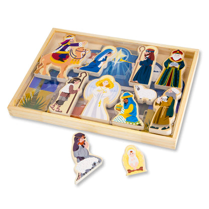 Wooden Nativity Set with a Four Piece Stable and 11 Wooden Figures for Tables and Shelves