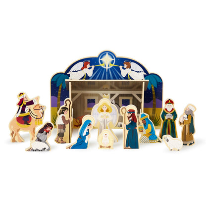 Wooden Nativity Set with a Four Piece Stable and 11 Wooden Figures for Tables and Shelves