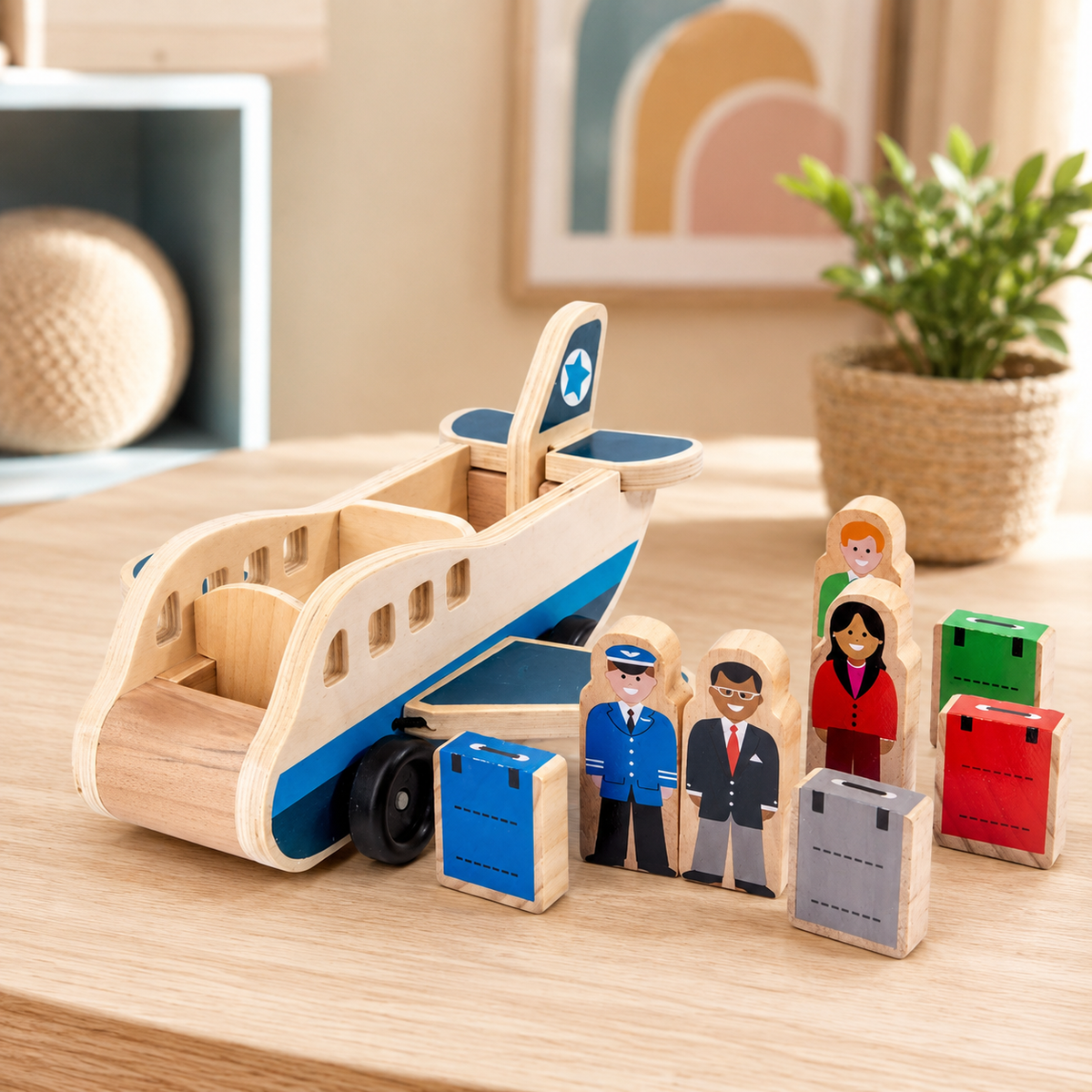 Wooden Push and Pull Airplane Toy with Pilot Figures for Toddlers