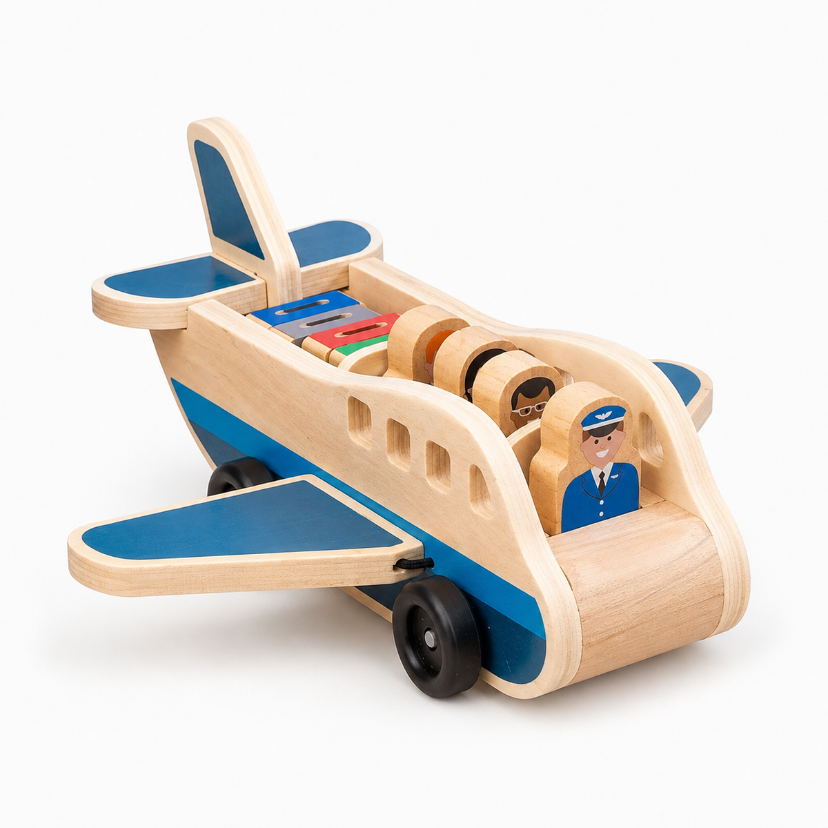 Wooden Push and Pull Airplane Toy with Pilot Figures for Toddlers