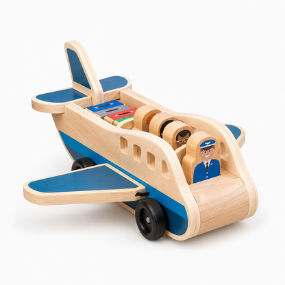 Wooden Push and Pull Airplane Toy with Pilot Figures for Toddlers