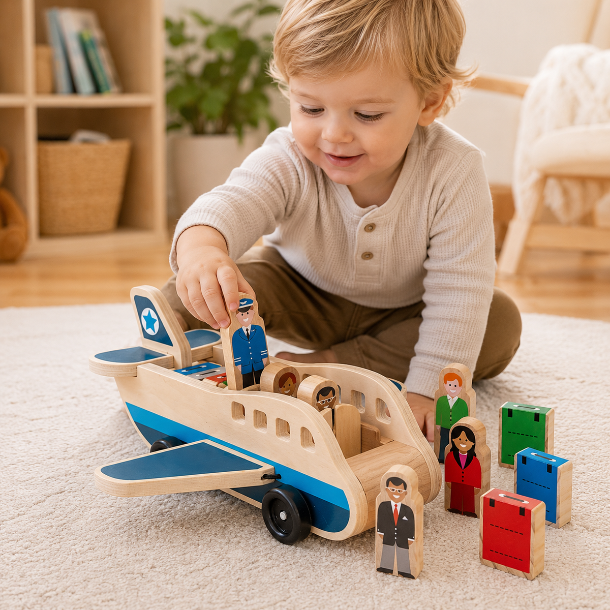 Wooden Push and Pull Airplane Toy with Pilot Figures for Toddlers