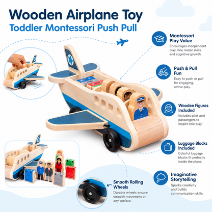 Wooden Push and Pull Airplane Toy with Pilot Figures for Toddlers
