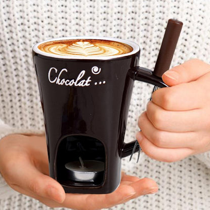 Ceramic Fondue Cup with Stainless Steel Fork and Wax Candle