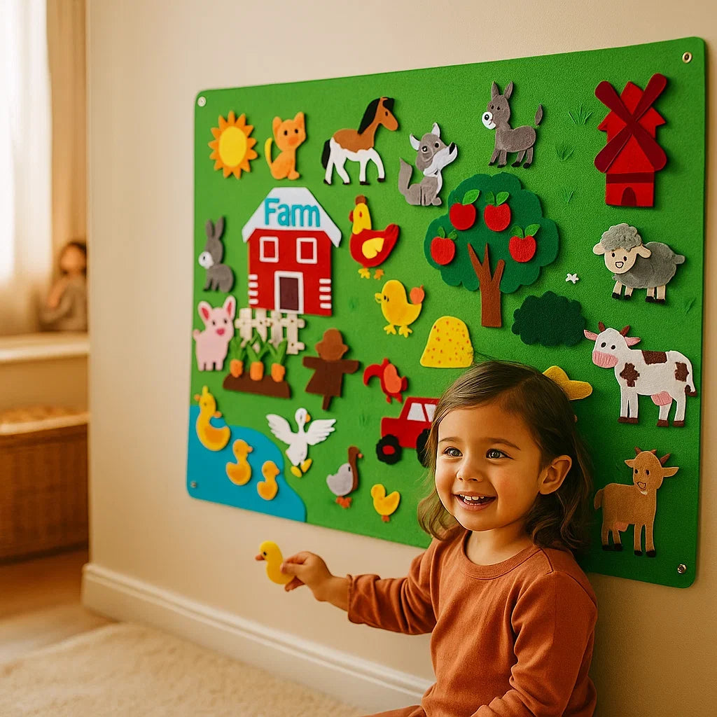 Felt Play Set with Colorful Felt Figures and Backgrounds in Zoo, Farm, Galaxy and Underwater Themes