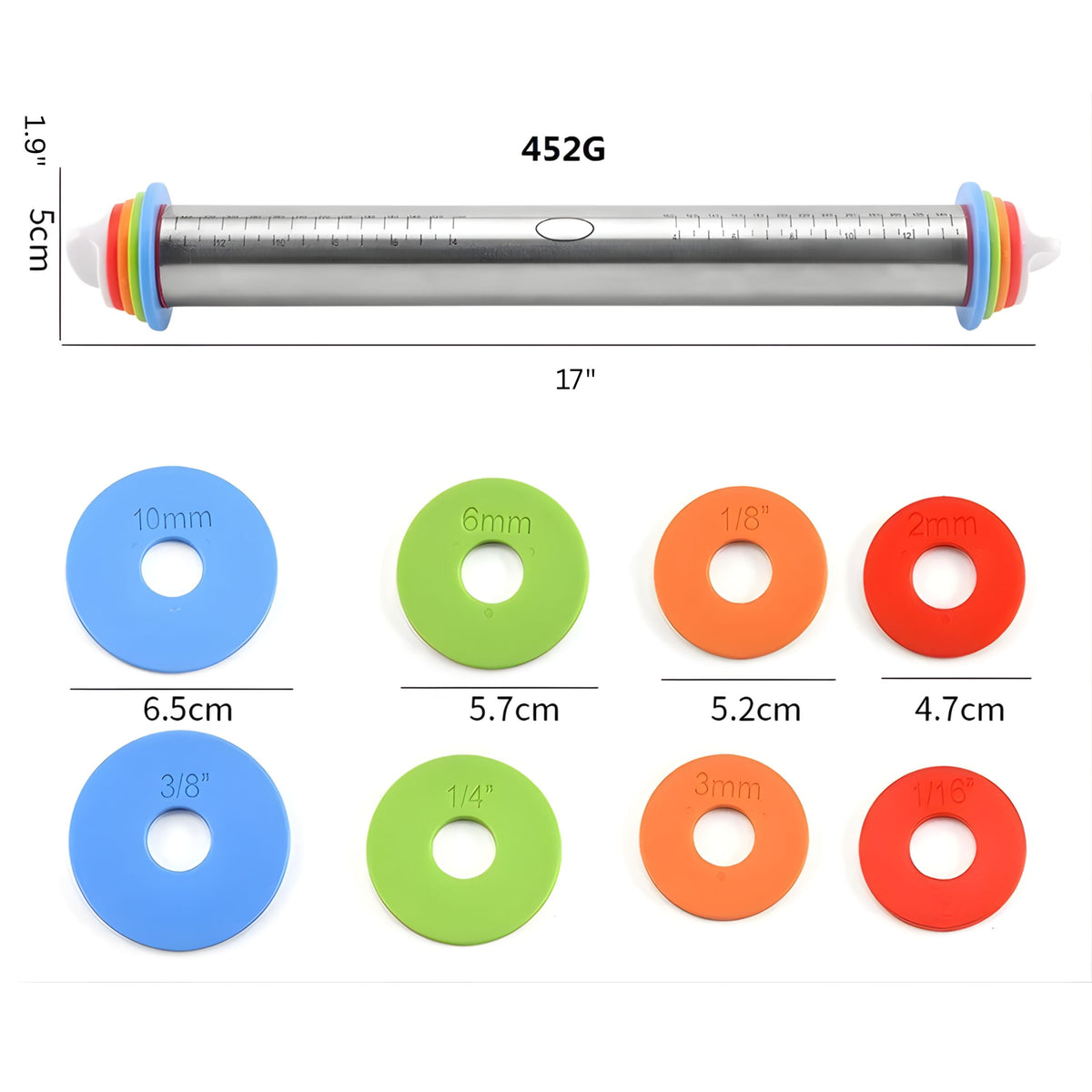 Adjustable Stainless Steel Rolling Pin with Silicone Grips and Thickness Rings