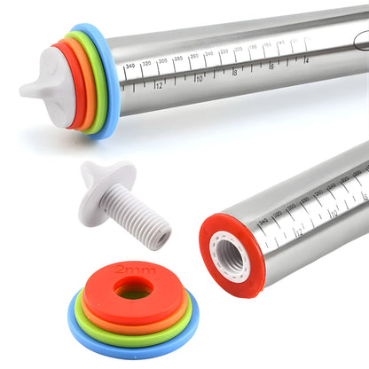 Adjustable Stainless Steel Rolling Pin with Silicone Grips and Thickness Rings