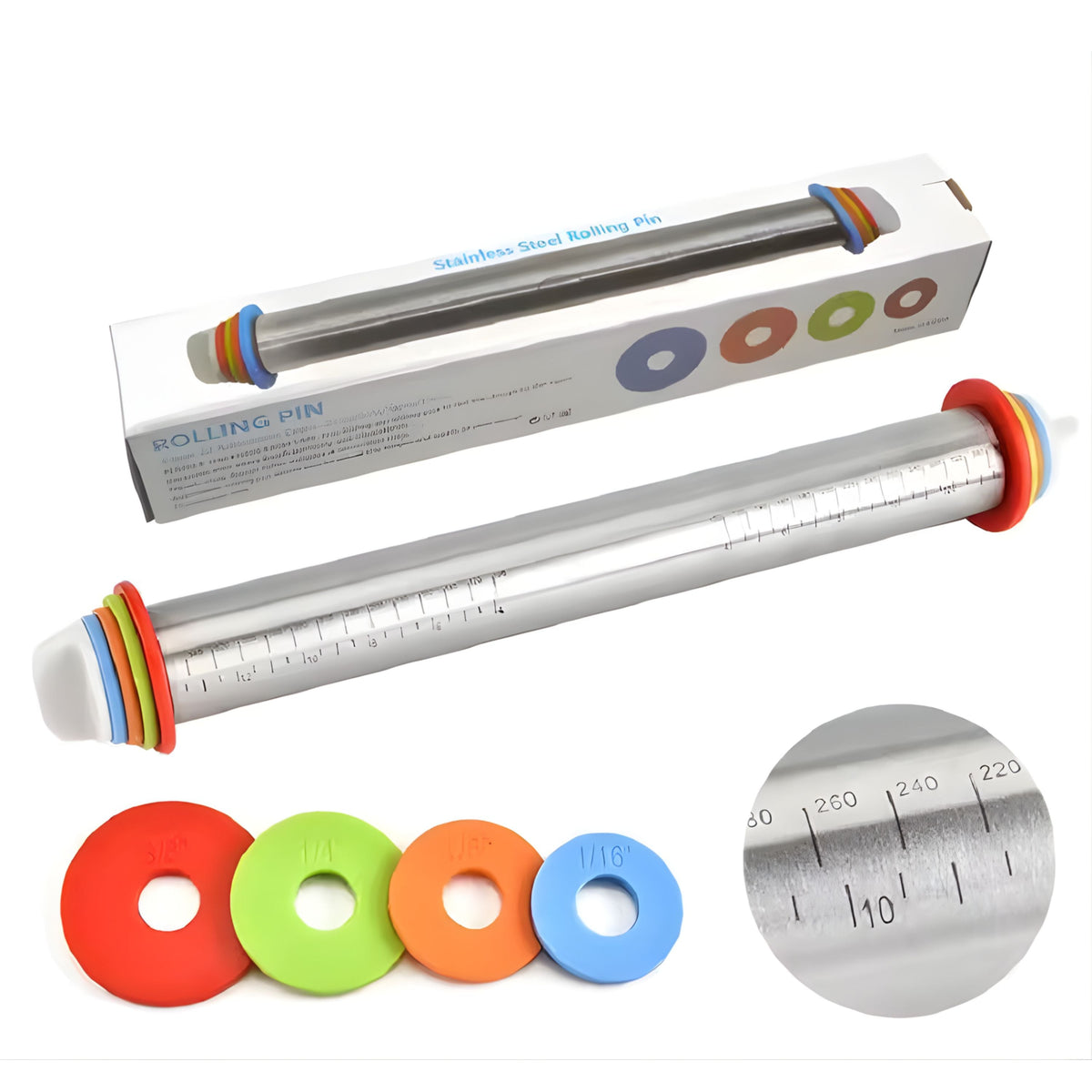 Adjustable Stainless Steel Rolling Pin with Silicone Grips and Thickness Rings