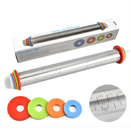 Adjustable Stainless Steel Rolling Pin with Silicone Grips and Thickness Rings