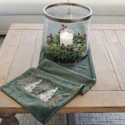 Green Velvet Holiday Table Runner with Embroidered Pine Trees and 72 Inch Length for Dining