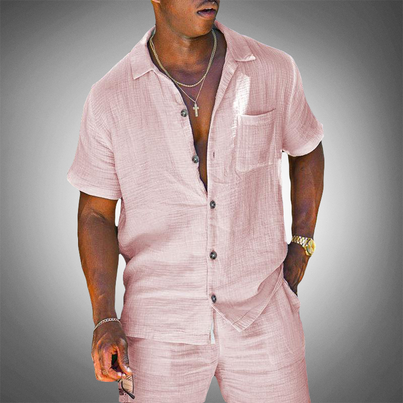 Linen Shirt and Trousers Set with Breathable Knit Weave for Men