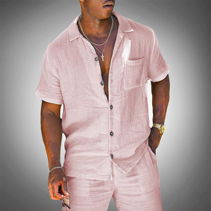 Linen Shirt and Trousers Set with Breathable Knit Weave for Men