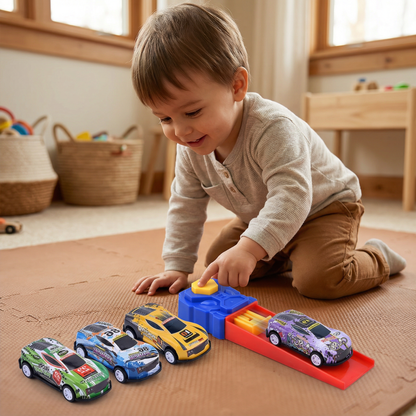 Die-Cast Car Launcher Set with 4 Racing Cars and Button Press Catapult
