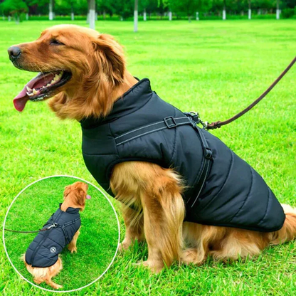 Dog Winter Jacket with Sherpa Fleece and Integrated Harness, Reflective Stripes