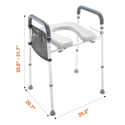Elevated Aluminum Toilet Seat Frame with Padded Armrests and 7 Height Settings for Bathroom