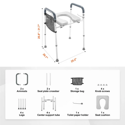 Elevated Aluminum Toilet Seat Frame with Padded Armrests and 7 Height Settings for Bathroom