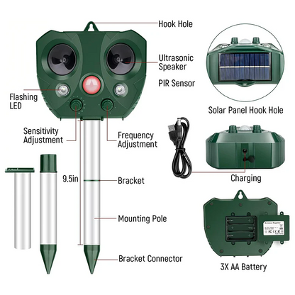 Solar Bird Repeller with Motion Sensor and LED Flash, 30ft Range