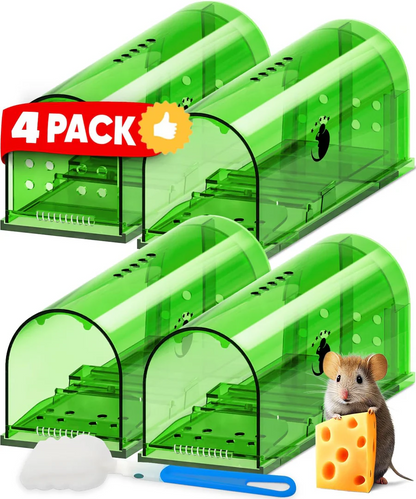 Live Catch and Release Mouse Trap with Clear Viewing Body and Rear Door, 4 Pack