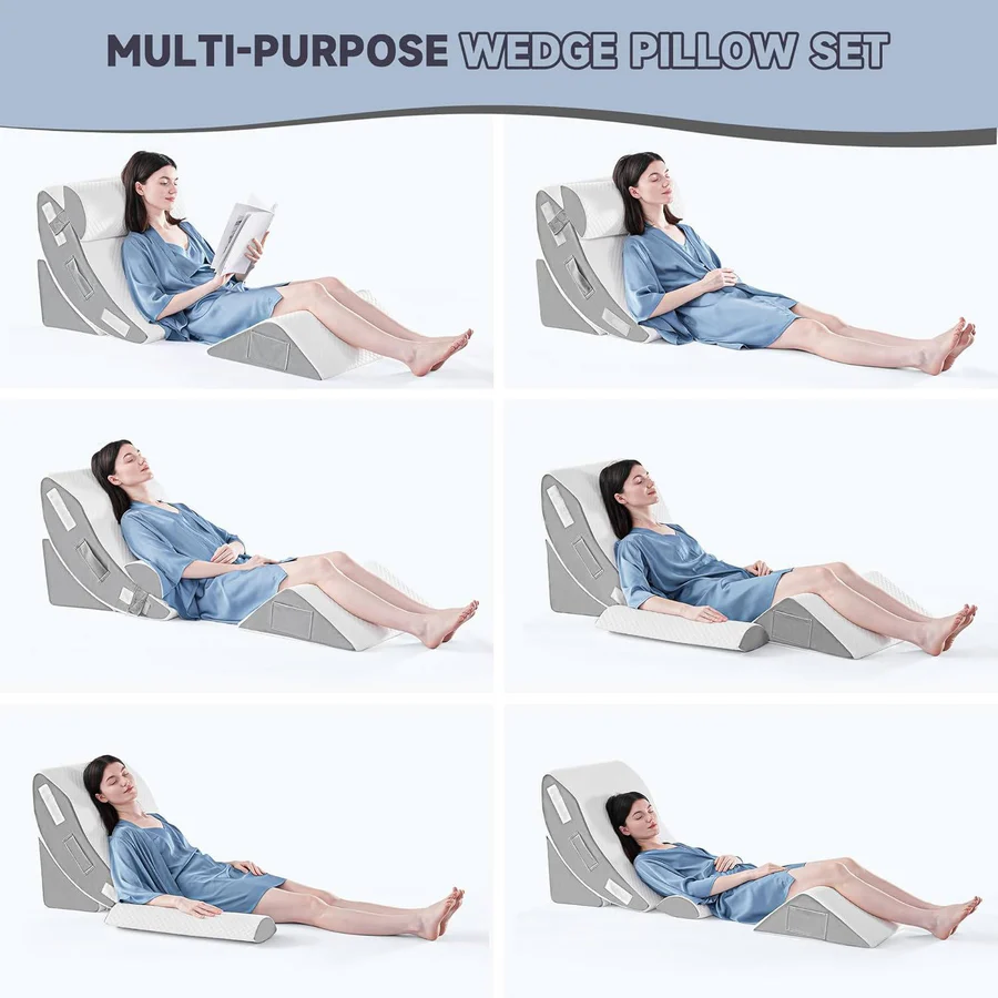 Memory Foam Triangle Wedge Pillow Set with Washable Plush Covers in 4 Piece Pack for Bed Rest