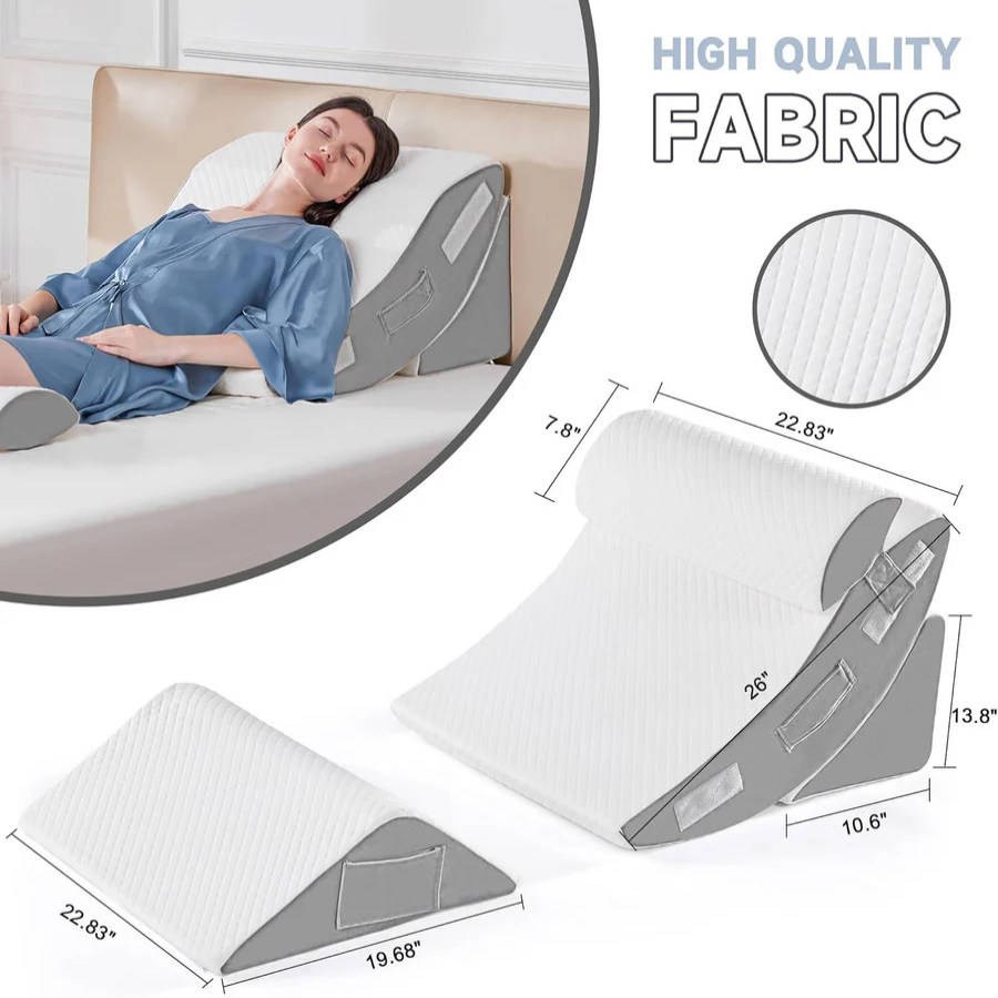 Memory Foam Triangle Wedge Pillow Set with Washable Plush Covers in 4 Piece Pack for Bed Rest