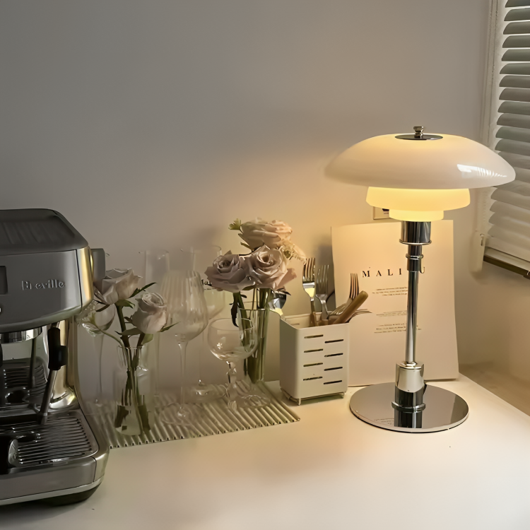 Dimmable LED Table Lamp with a Rounded Shade, Cylindrical Base and Rotary Knob in Four Color Combinations