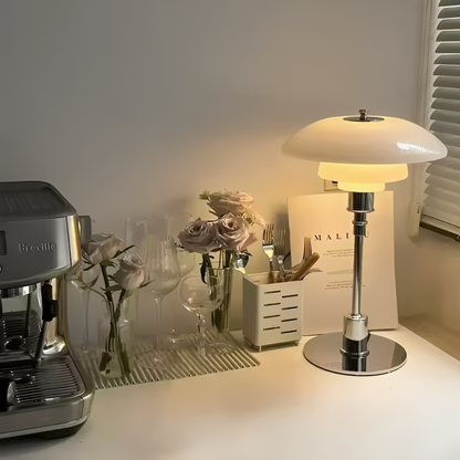 Dimmable LED Table Lamp with a Rounded Shade, Cylindrical Base and Rotary Knob in Four Color Combinations