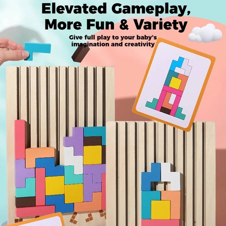Wooden Puzzle Set with 42 Blocks and 10 Pattern Cards, Foldout Stand