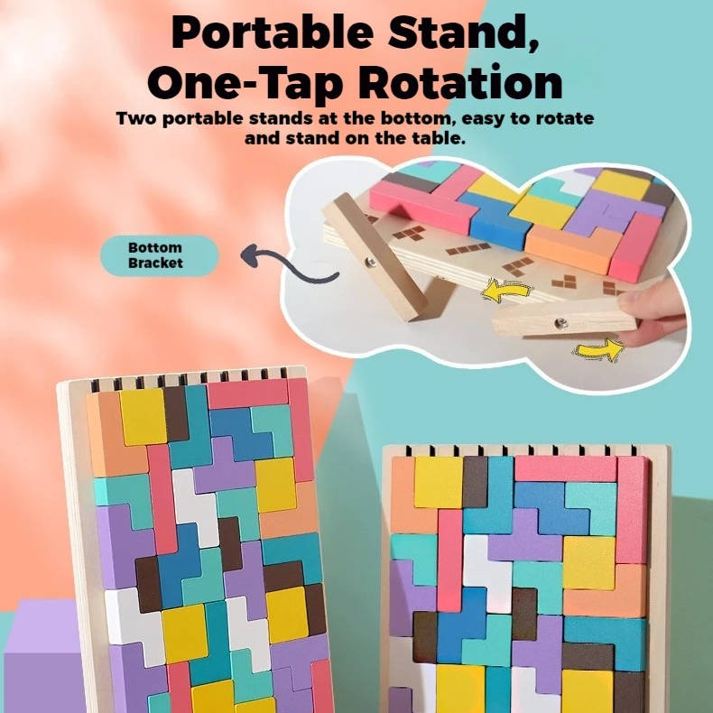 Wooden Puzzle Set with 42 Blocks and 10 Pattern Cards, Foldout Stand
