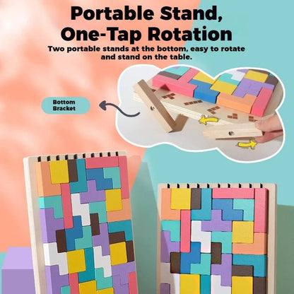 Wooden Puzzle Set with 42 Blocks and 10 Pattern Cards, Foldout Stand
