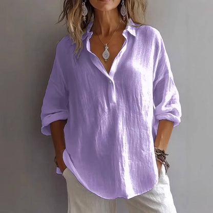 Womens Relaxed Fit Linen Blend Button Up Tunic Shirt