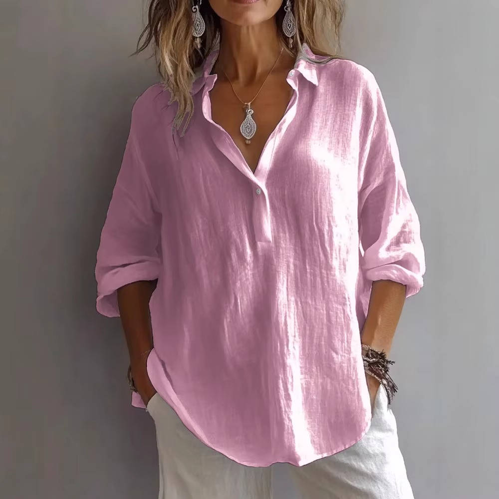 Womens Relaxed Fit Linen Blend Button Up Tunic Shirt