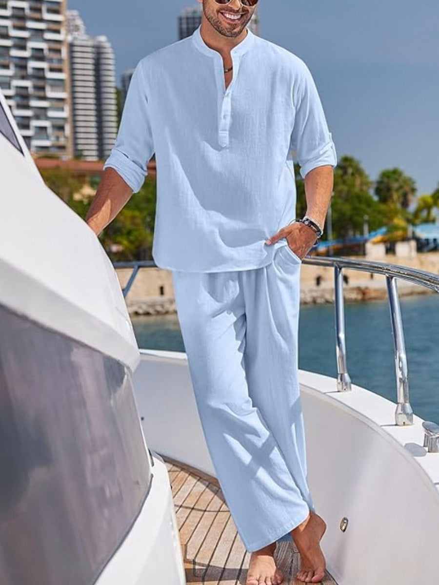 Short Sleeve Button Shirt with Elastic Waist Shorts and Breathable Polyester for Men, Machine Washable