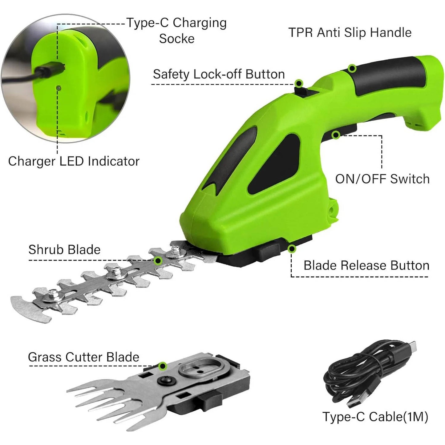 Rechargeable Cordless Hedge Trimmer and Grass Shear with Dual Blades