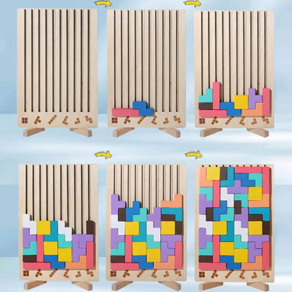 Wooden Puzzle Set with 42 Blocks and 10 Pattern Cards, Foldout Stand