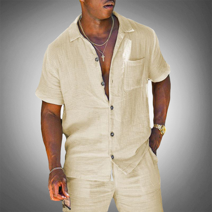 Linen Shirt and Trousers Set with Breathable Knit Weave for Men