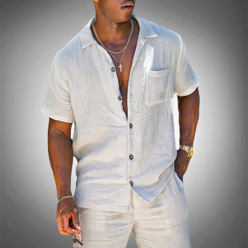 Linen Shirt and Trousers Set with Breathable Knit Weave for Men